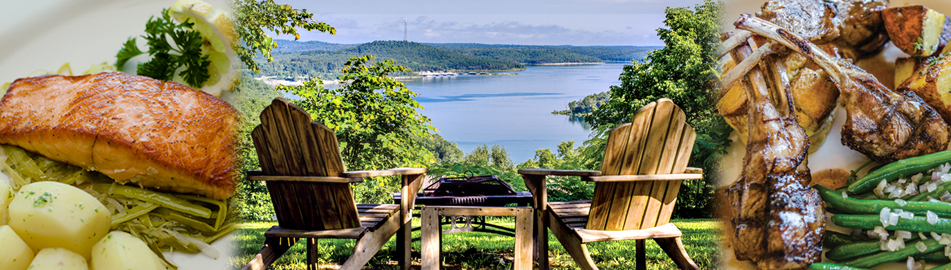 Photo collage showing Whispering Woods menu items and view of the lake